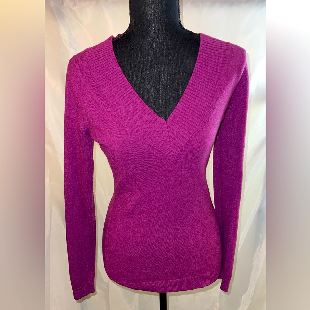 Women’s long sleeve pink v-neck sweater.
